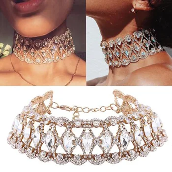 

Luxury Hollow Flower Crystal Rhinestone Choker Collar Necklaces Women Gold Black Chain Necklace Wedding Jewelry For Party Gift