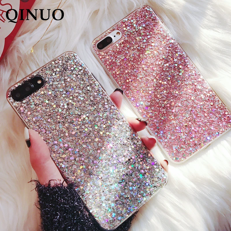 

QINUO Shining Sequins Glitter Phone Case For iPhone 7 6 6S 8 Plus 11 X XR XS Max Crystal Bling Silicone Cover For iPhone 5 5S SE Shimmering Powder Coque For iPhone 11 Pro Max 7 8 Plus