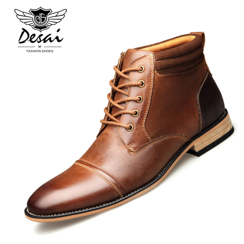 DESAI High Boots Men's Fashion Casual High Shoes Winter Top Quality Genuine Leather Boots Large Size Shoes for Male