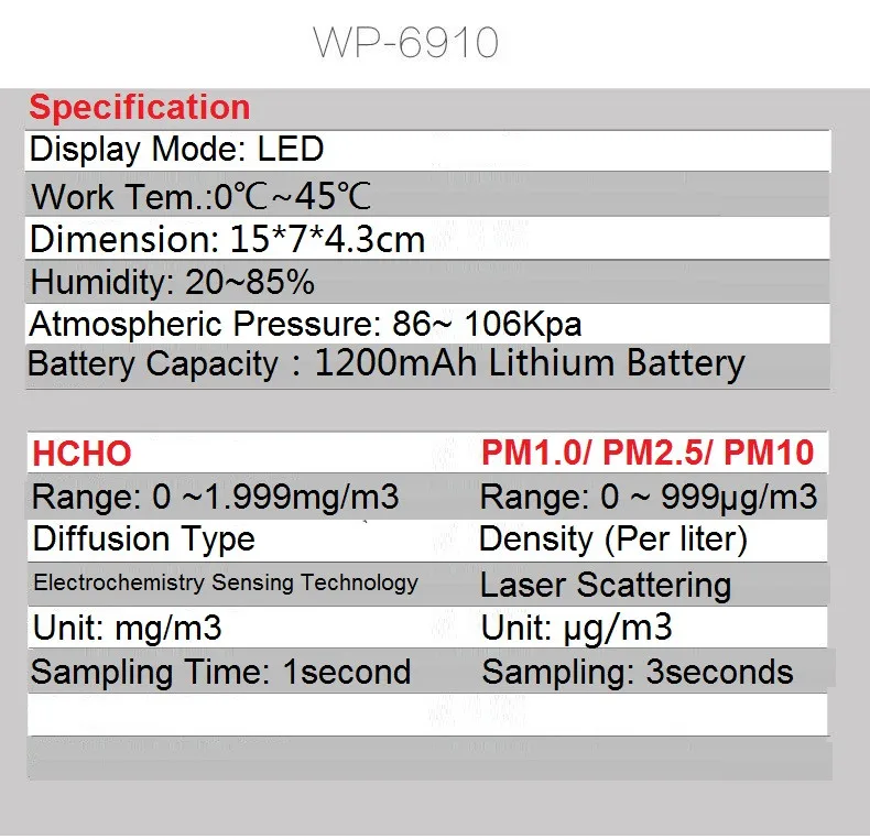 WP6910 PM1.0 PM2.5 PM10 метр PM2.5 Сенсор тестер Измеритель HCHO детектор воздуха с Перезаряжаемые литиевых Батарея