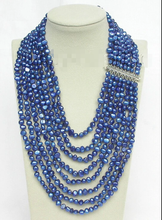 

shipping 17"-24" 8row baroque navy blue pearls necklace 925 silver clasp j8749 (A0502)