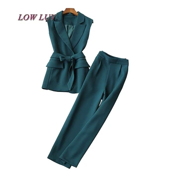 

Classic Spring summer sleeveless women Notched Suit business office wear Waistcoat Vest Crop Capri Pant set lady Trouser