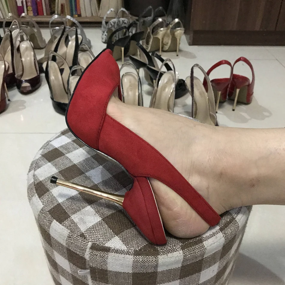 Женские босоножки на высоком тонком каблуке-шпильке; пикантные вечерние туфли из Красной замши с открытым носком и ремешком сзади; 3845-g7