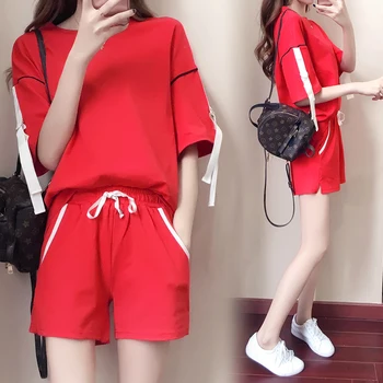 

Qpipsd 2020 Summer5XL Large Size Plus Fertilizer Tracksuit For Women Solid Color Short-sleeved Shorts Women's Suit Two Piece Set