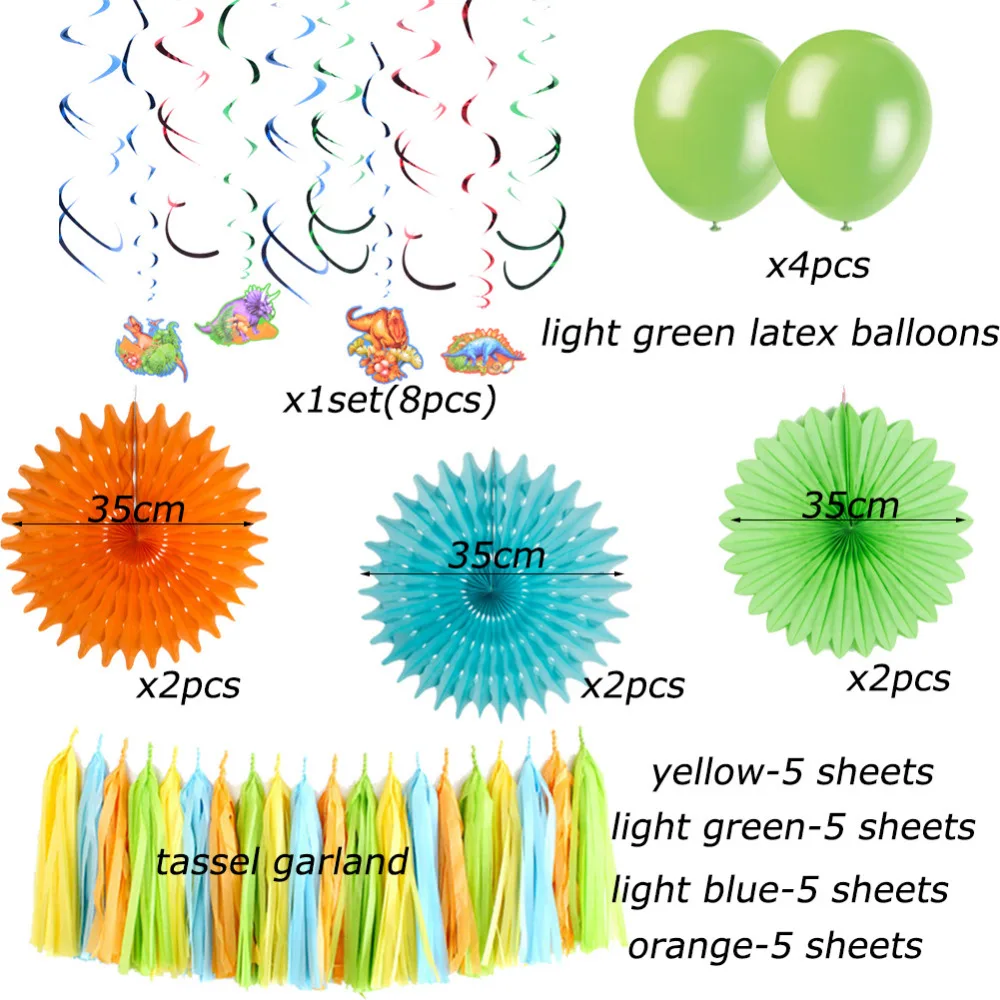Вечерние украшения в виде динозавра, Висячие закрученные бумажные вентиляторы, гирлянда с кисточками, воздушные шары для маленьких мальчиков, принадлежности для вечеринки в честь Дня Рождения динозавра