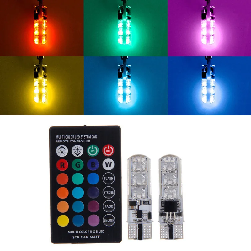 Стильный автомобильный светодиодный светильник t10 6 SMD 5050 RGB W5W, 2 шт., цветной, светодиодный, мигающий, стробоскопический, кремниевый, новинка