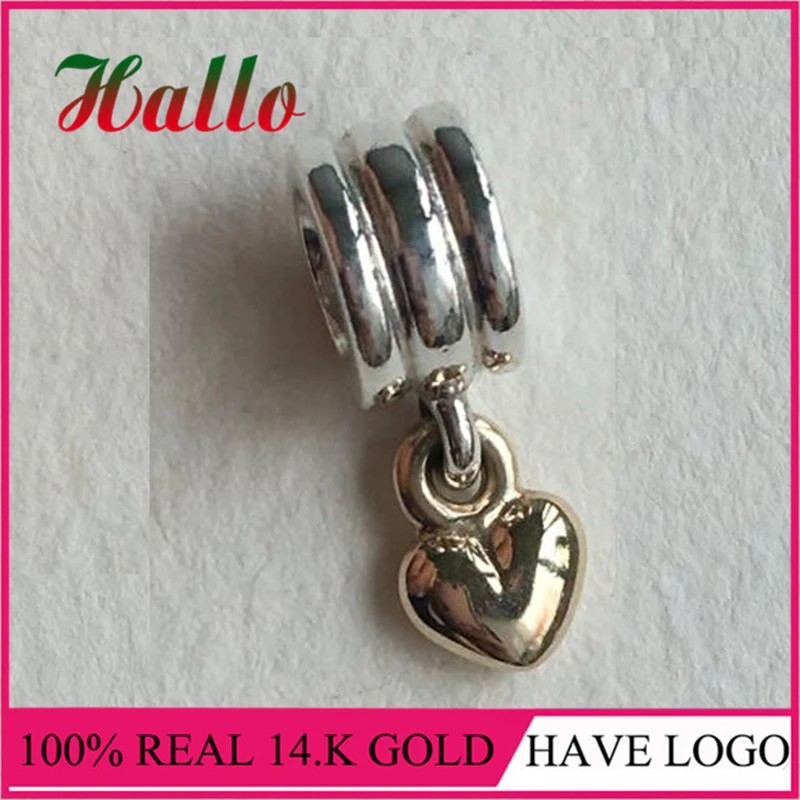 

100% Real 14ct Gold Hanging Heart CZ Pendant Charm Fit Brand Bracelets pulseira masculina feminina 2017 Women Fine Jewelry R