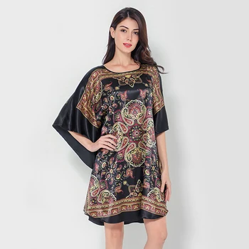 

New Arrival Women Loose Nightdress Summer Bathrobe Gown Print Sleepwear Sleepshirt Mini Nightgown Satin Nightwear Home Dress