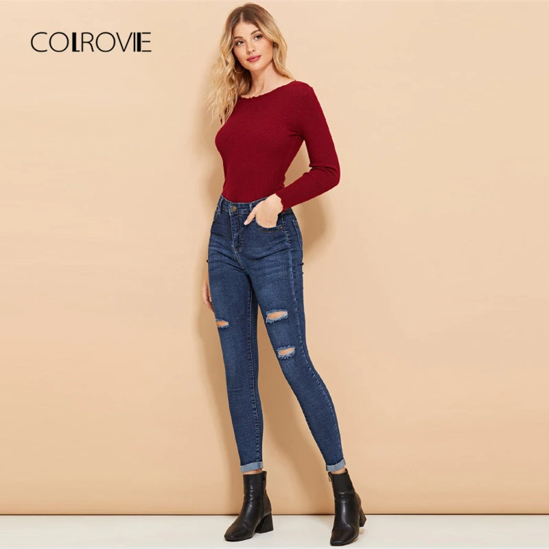 COLROVIE Blue Ripped Roll-Up Hole Casual Denim Jeans Woman 2018 Autumn Solid Boyfriend Women Jeans Female Skinny Pencil Pants