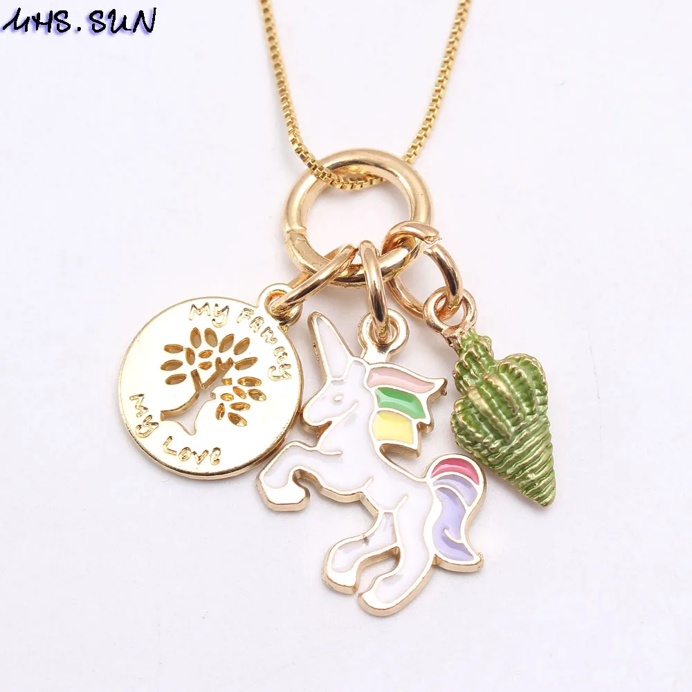 MHS.SUN Fashion Unicorn Kids Girls Long Chain Necklace Cute Rainbow Heart Conch Charming Pendants Necklace For Baby Children 1Pc