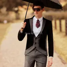 Индивидуальный заказ жениха Смокинги для женихов Best мужчина дружки костюм Новинка Для мужчин Нарядные Костюмы для свадьбы жених черный с gery куртка Штаны