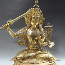 1" Тибет Непал Буддизм Бронзовый 24 К Золото Wenshu Манджушри Кван-инь Меч Статуя