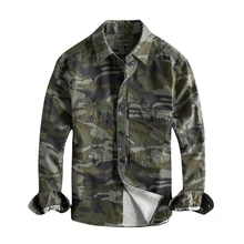 Японская камуфляжная джинсовая рубашка Харадзюку на пуговицах для мужчин, уличная одежда для мальчиков, камуфляжные джинсовые рубашки с длинным рукавом размера плюс