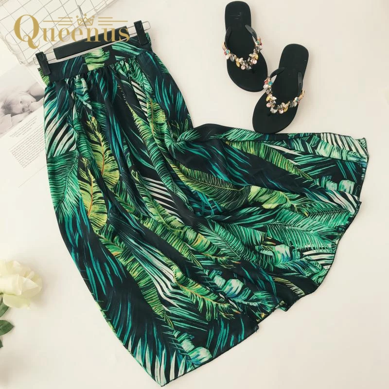 

Queenus Side Vent Summer Long Skirts Tropical Leaf Print harajuku Elastic Waist maxi Skirt Loose Casual Green Beach Skirt Split