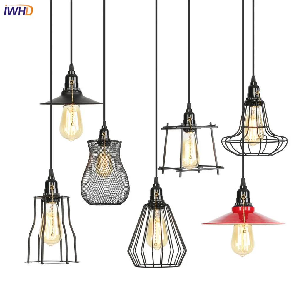 IWHD черный гладить светодиодный подвесные светильники Nordic Hanglamp Лофт Винтаж подвесной светильник с выключателем лампа подвесная в ретро