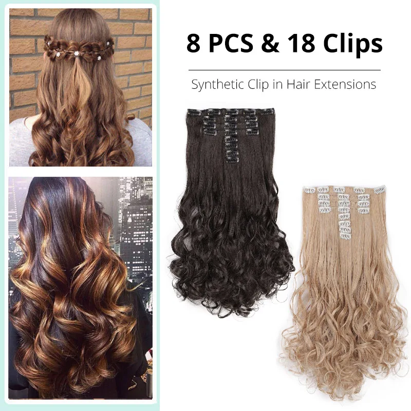 AISI BEAUTY 8 Pcs/set Full Head Long Wavy Synthetic 18 Clips In Hair Extensions For Women Hairpieces Blonde Black Brown