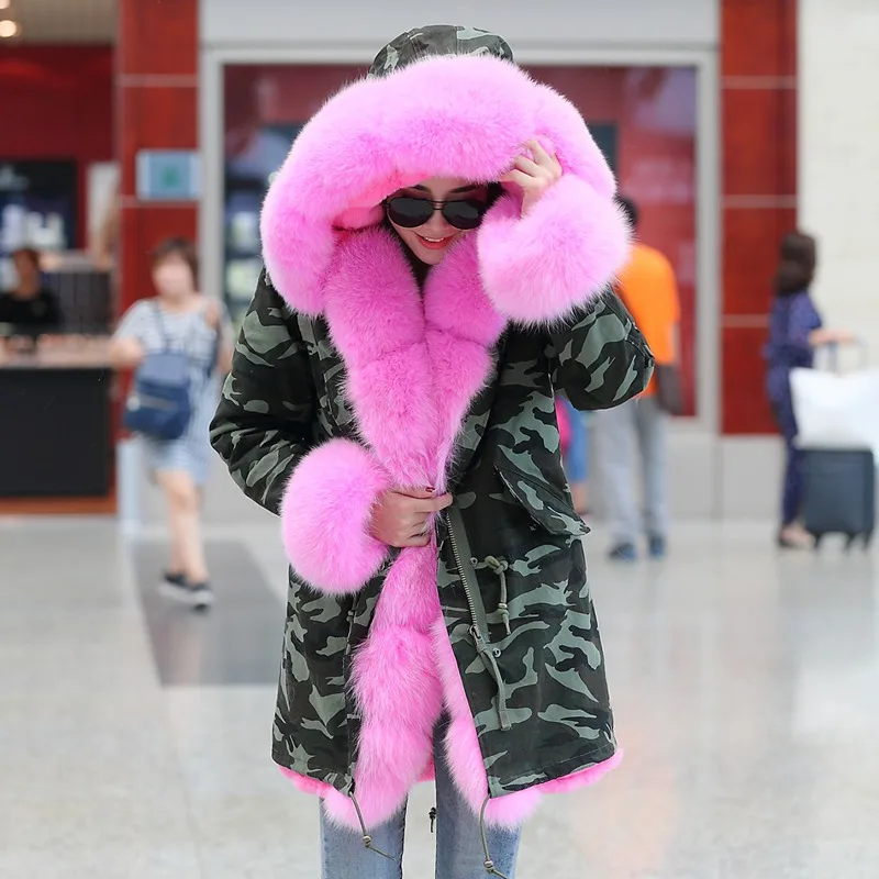color 16 fox fur Furlove, Женское зимнее пальто, верхняя одежда, теплое, натуральный, большой, енот, меховой воротник, натуральный мех, парка, искусственный мех, подкладка, армейский зеленый, парки - Цвет: color 16 fox fur