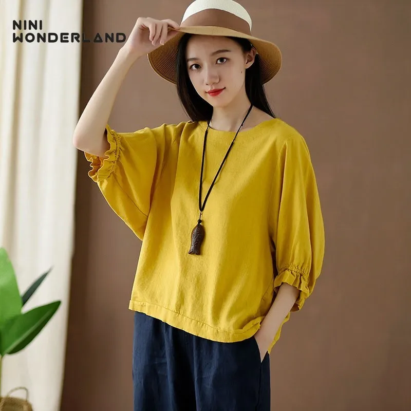 NINI WONDERLAND летняя хлопковая льняная футболка 2019 Женская Однотонная с оборками и