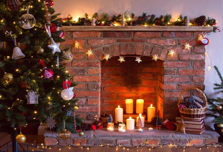 

Laeacco Christmas Backdrops Tree Candle Bell Bauble Star Wreath Brick Fireplace Child Photo Backgrounds Photocall Photo Studio