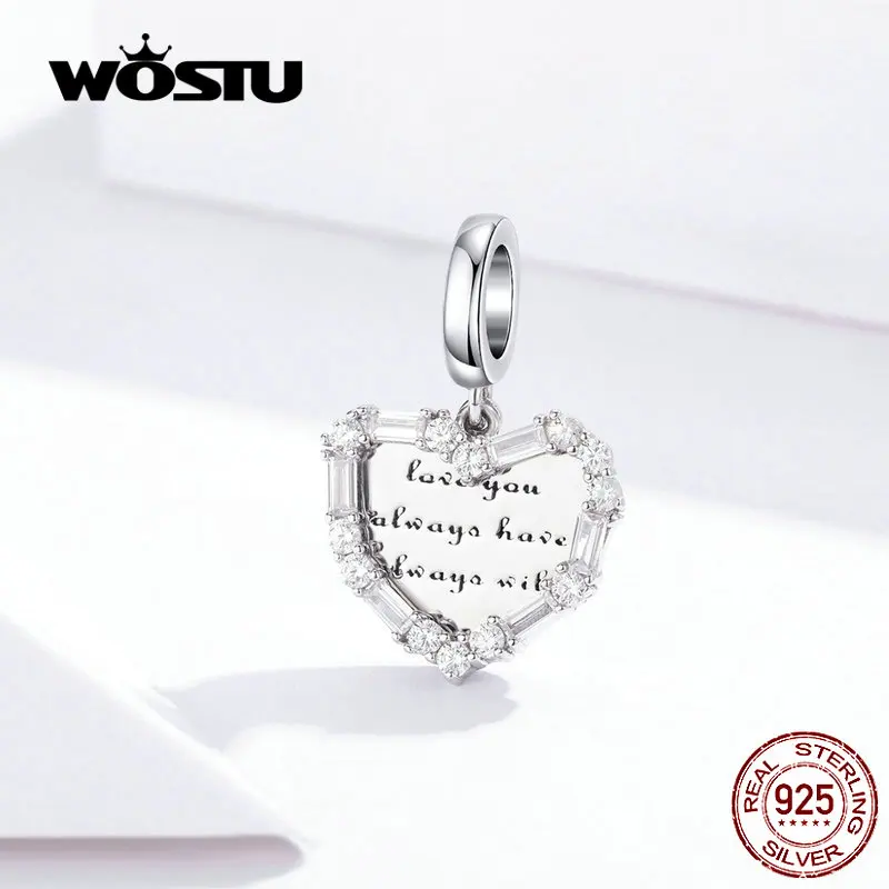 

WOSTU Show Heart Love Dangle Charm 925 Sterling Silver Zircon Beads Fit Original DIY Bracelet Charms For Jewelry Making FIC1164