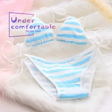 Новейший свежий японский стиль, на шнуровке, Женский хлопковый комплект бикини, бюстгальтер, трусики, костюм, полоски, принт, женские интимные костюмы