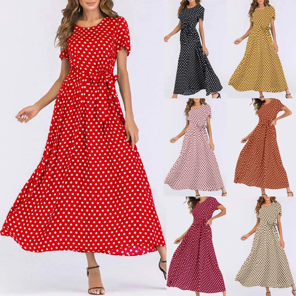 

free shiping women Long Maxi Dress O-Neck Short Sleeve Beach Polka Dot Summer Vintage Bandage Elegant Ladies Dresses