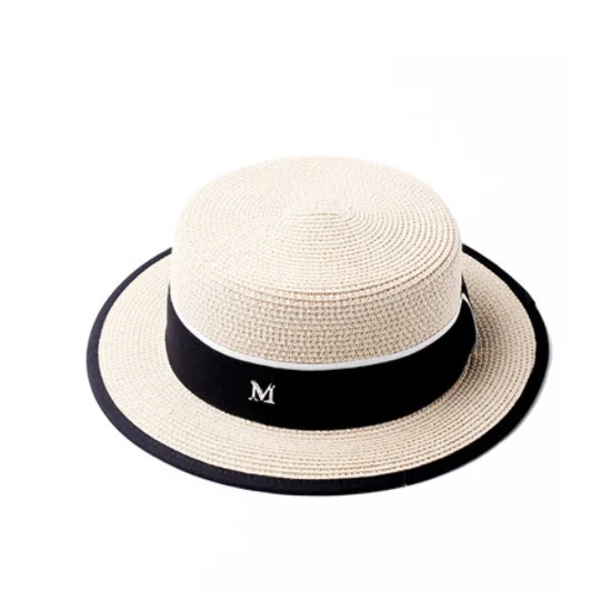 Соломенная пляжная шляпа с круглым плоским верхом, с буквенным принтом, соломенная шляпа для женщин, шляпа от солнца, соломенная шляпа для путешествий, Snapback Gorras - Цвет: beige