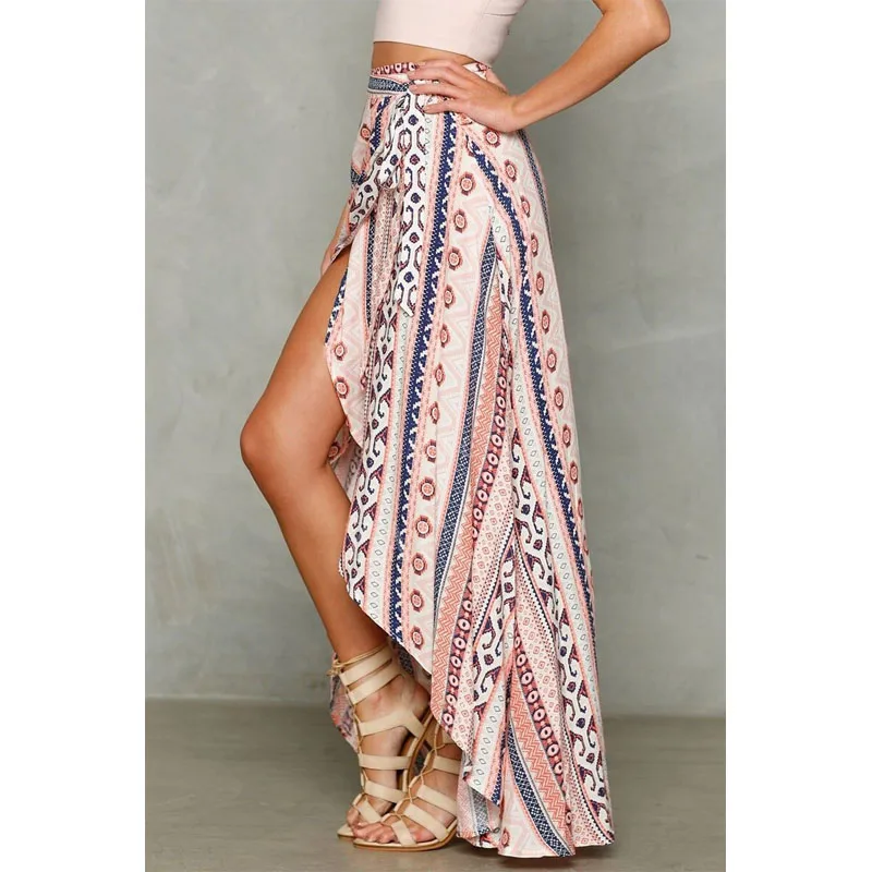 

Boho Women Ladies Summer Bandage Beach Skirt Party Maxi Swimwear Cover Long Skirt Floral Print Lace up Maxi Women's Shirt