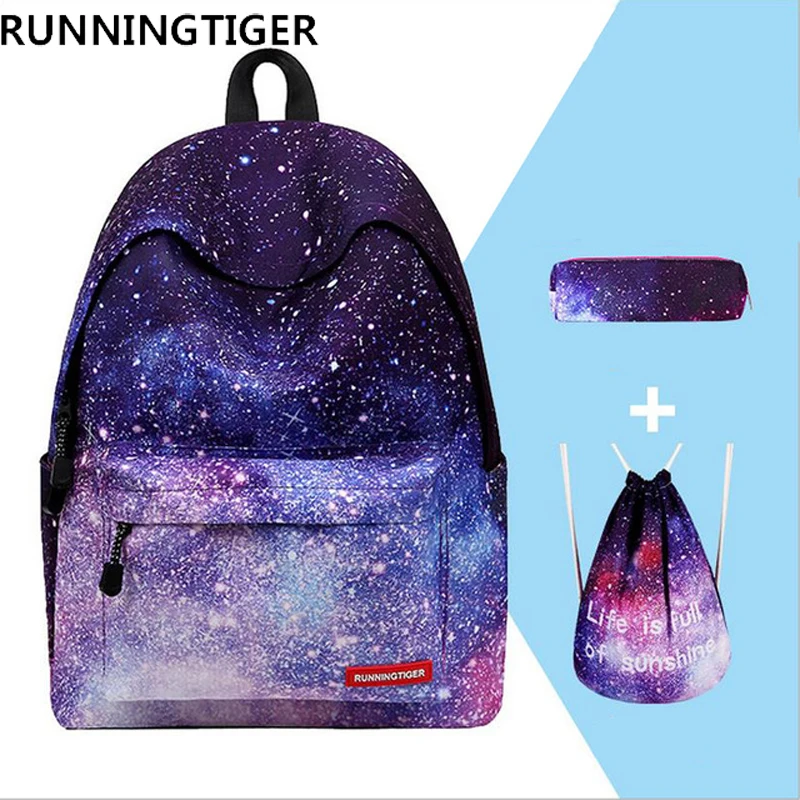 baratas RUNNINGTIGER 3 pcs Conjuntos de Sacos De Escola Para Adolescentes Mochila Impressão Mulheres Ombro Bolsas Com Cordão Escola Caixa de Lápis