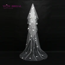 Wowbridal изящные белый невесты фата аппликация жемчуг из органзы длиной до пола свадебные аксессуары