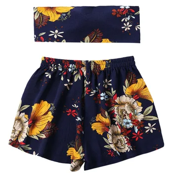 

Chiffon Flower Printed Mini Tube Top Shorts 2018 Summer 2Pcs Women Sets Boho Beach Girls Strapless Crop Top Low Waist Shorts