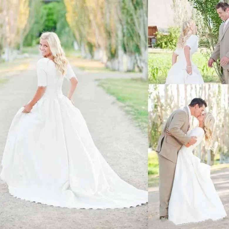 

Modest 2019 Wedding Dresses Half Sleeves Bohemian A-Line Court Train Satin Bridal Gowns Button Back Plus Size Wedding Gowns