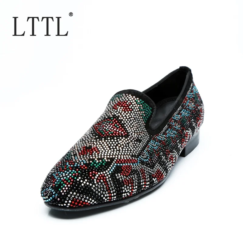 LTTL Newest Style Mixed-color Rhinestone Men Dress Shoes Luxury Fashion Cow Suede Men Loafers Slip-ons Mens Party And Prom Shoes