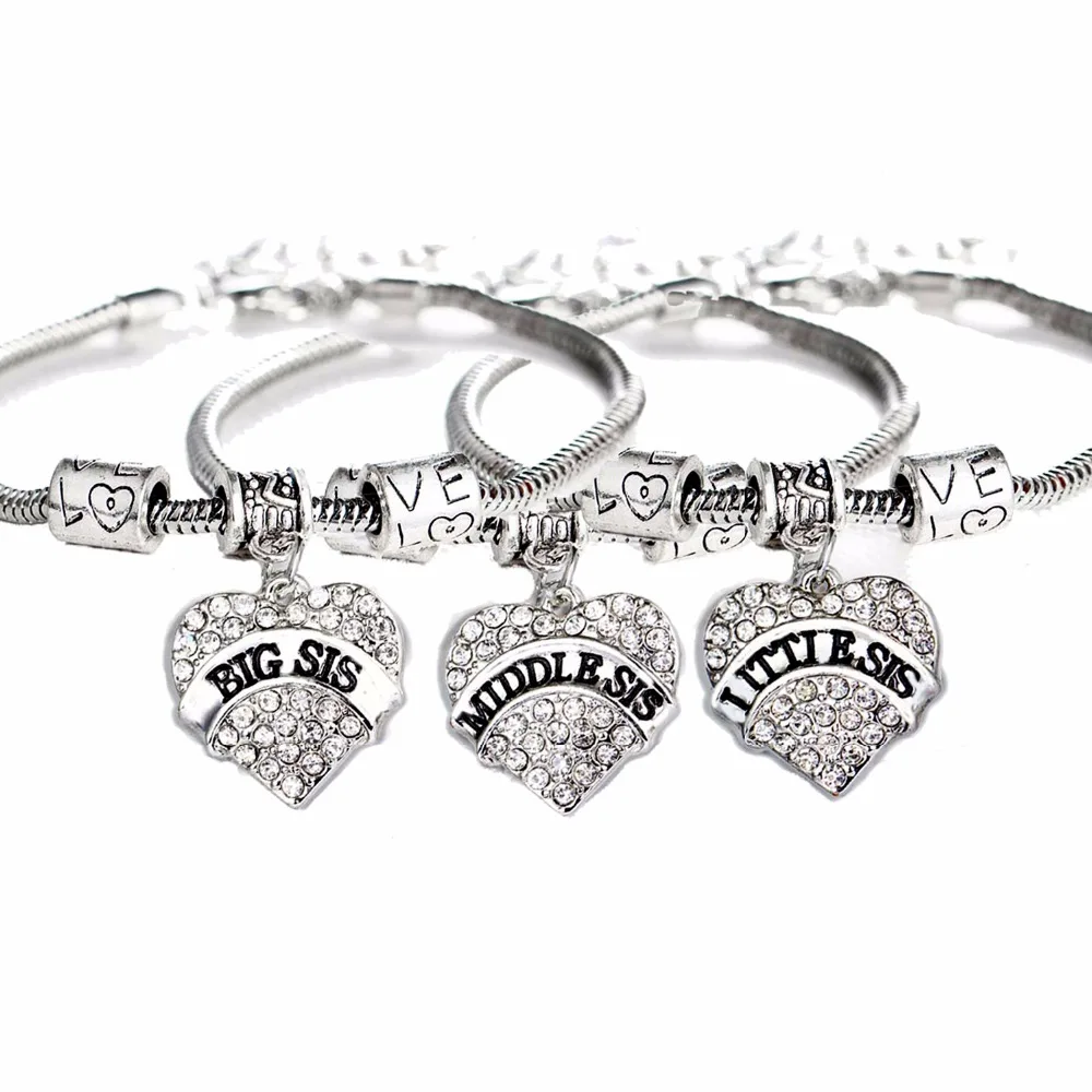 3PC/Set Crystal Love Heart Charms Bracelet Big Middle Little Sis Sisters Bracelets Women Family Bangle Gifts BFF Friends Jewelry