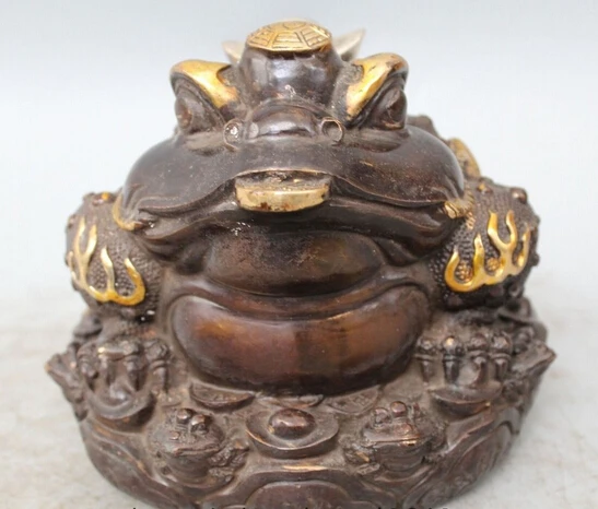 

wholesale factory 7" Chinese Bronze Gilt Carving Golden Toad Spittor Wealth Coin Statue