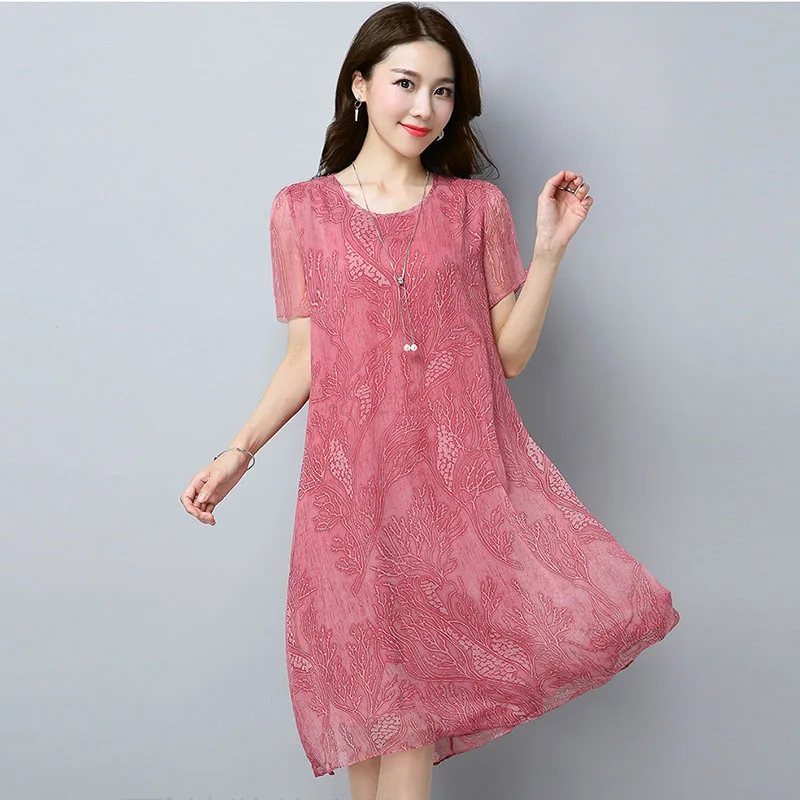 

Ice Silk Chiffon Dresses 2019 New Women Summer Floral Lace Dresses High Quality Loose Plus Size Casual Female Dresses LJ2298