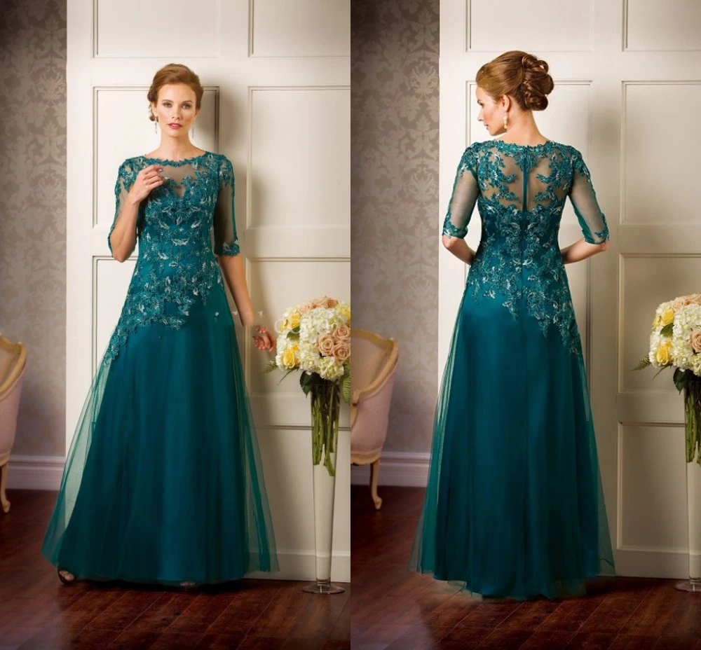 Teal-Plus-Size-2017-Evening-Dress-Custom-Made-Crew-Neck-Cap1-2-Sleeve-Applique-Long-Tulle