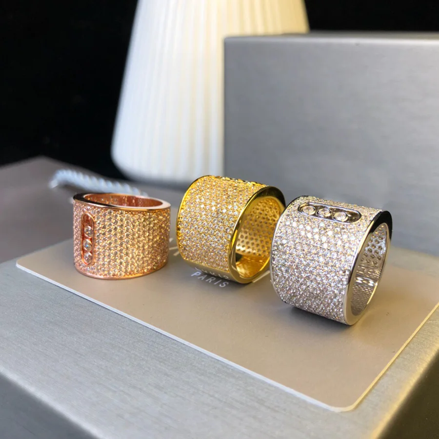 

Fashion Famous Brand Gorgeous Silver Rose Gold Color Big Ring Luxury Full Stone Moving Stone For Women Men Dazzling Jewelry