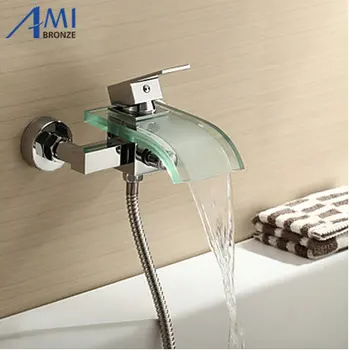 

Contemporary Bathroom basin Tub Faucet Glass waterfall Spout Wall Mount tap