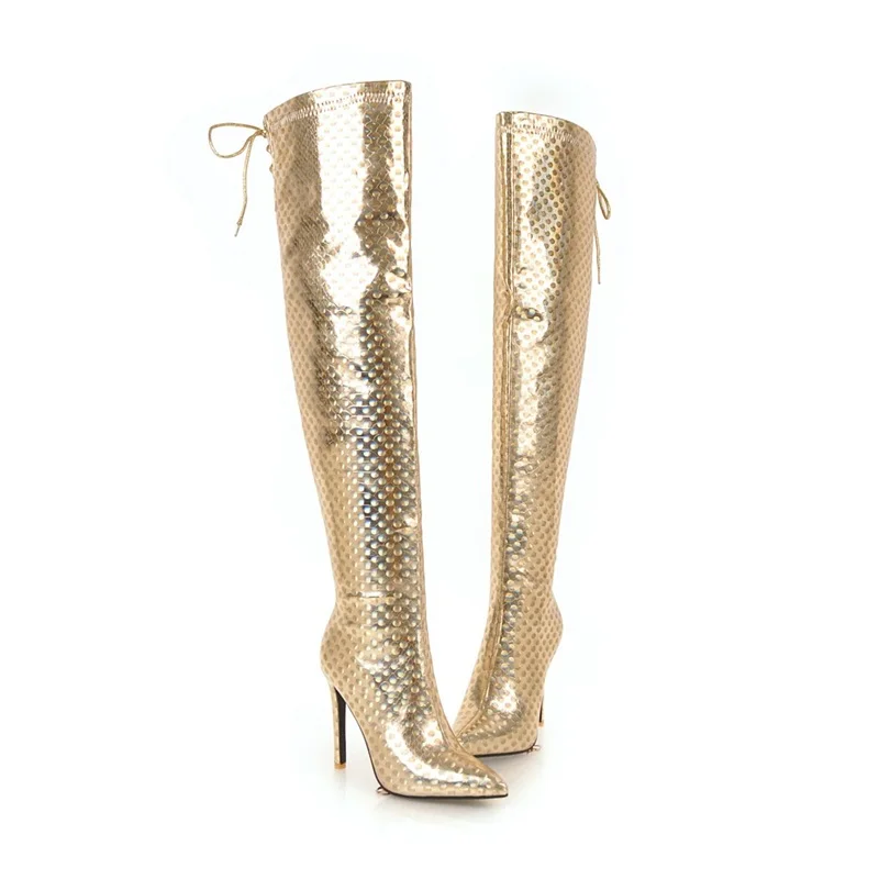 De Black Robe Western Haut Genou gold silver Brevet Automne Sur Bottes Femme Moto Main Haute Le Cuir Hiver Talons Chaussures Femmes Danse SqzLUMGVp