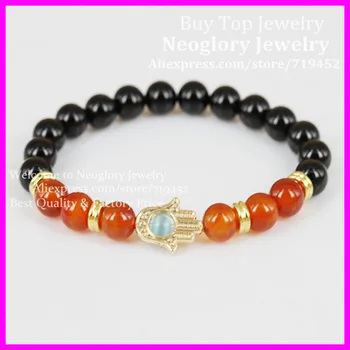 

2015 New Design Hot Sale Onyx Stone Hamsa Bracelet,Gold Hamsa Hand Black with Red Stone Bead Bracelet Healing Bracelet 10pcs