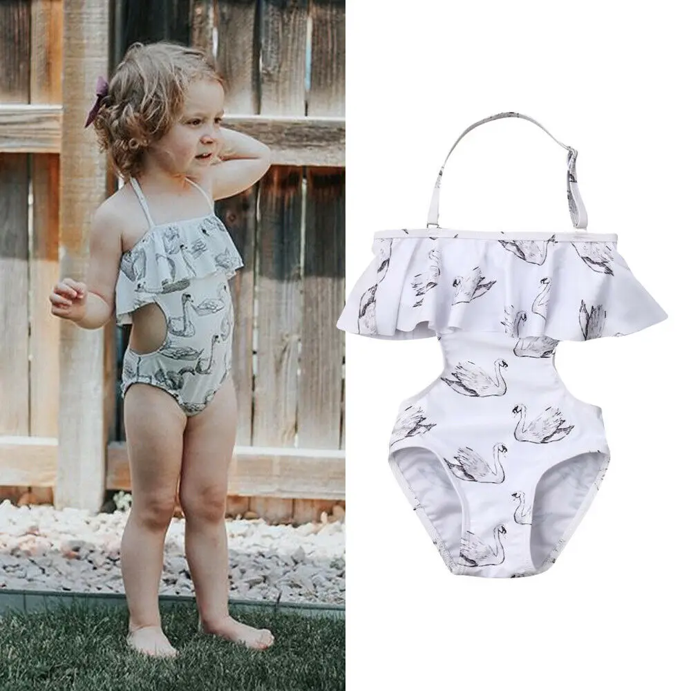 

Imcute Newest Fashion Summer Sweet Kids Baby Girl swan Print White Bikini Set Swimwear Swimsuit Bathing Suit One-Piece
