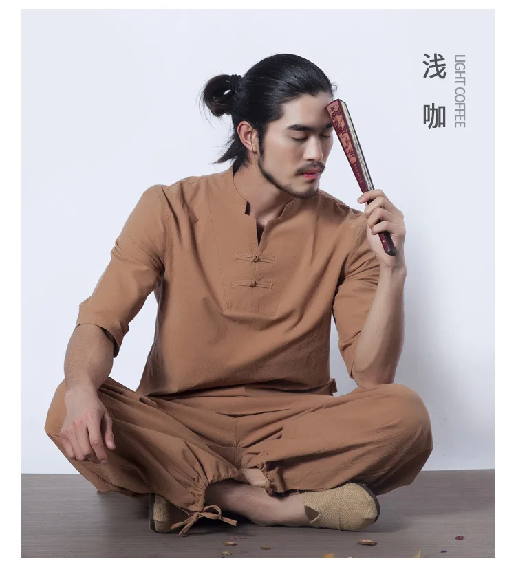 Для мужчин Йога Комплекты одежды хлопок медитации Костюмы рубашка и брюки 2 шт./компл. китайское платье - Цвет: light coffee