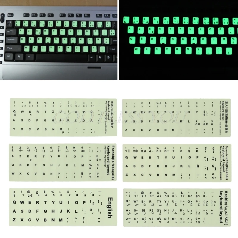 Флуоресцентные наклейки на клавиатуру разных языков, светящаяся Водонепроницаемая защитная пленка на клавиатуру