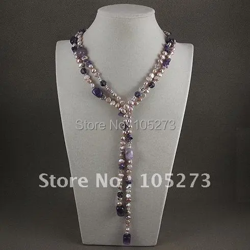 Pérola de Água Incrível! Llong Necklaceaa Roxo Genuíno Doce & Ametistas Cristal Prata Colar Frete Grátis A2321 5-6mm
