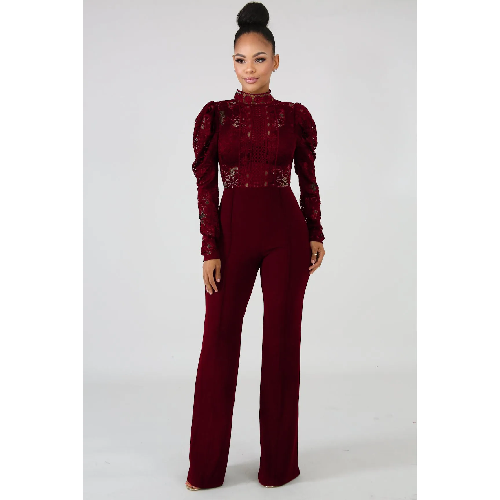 

Women Jumpsuit Lace Patchwork Sexy Jumpsuit Women Black Long Sleeve Overall Retro Party Wide Leg Bodysuit