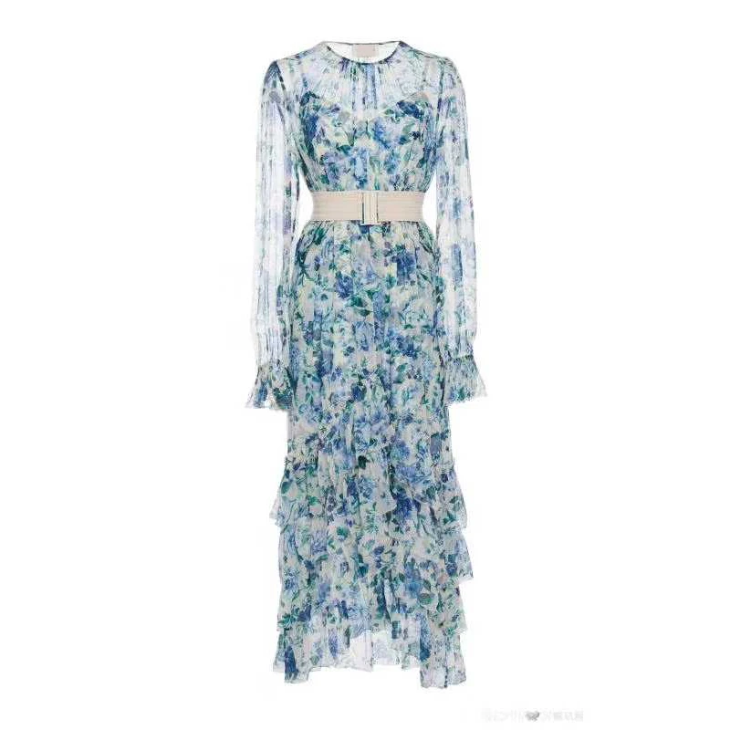 

2019 Women's dress Spring Summer Bohemian Silk Long Sleeve ruffle Dress Beach Floral Print High Quality belt elegant Long Dress