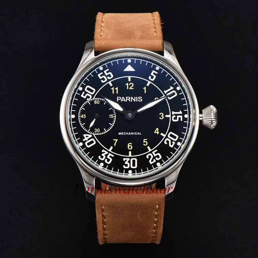 

Free Shipping 44mm Men Watch Parnis Mechanical Hand Winding Watches Black Dial Luminous Numbers Genuine Leather Strap