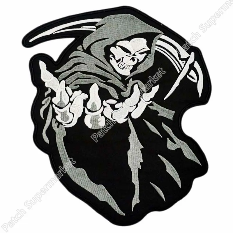

14" HOODED GRIM REAPER SKULL LARGE PATCH skeleton biker patches for jacket BACK embroidery motorcycle rockabilly men patches