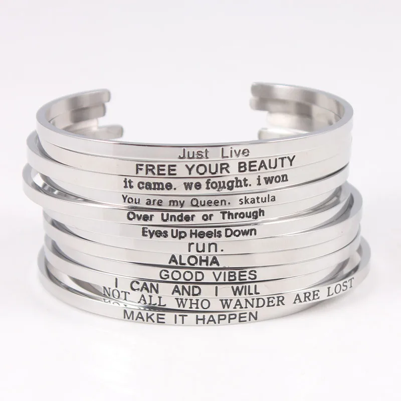 

2017 New Stainless Steel Bangles Engraved Positive Inspirational Quote fashion Cuff Mantra Bracelet For Women Best Gifts